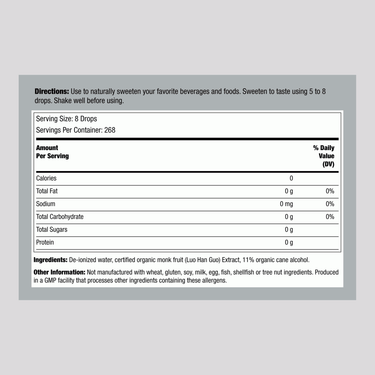 Supplement Facts panel for Now Foods Organic Monk Fruit Sweetener 2 fl oz bottle.