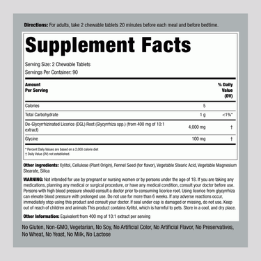 Supplement Facts panel for DGL Licorice Root Chew Mega Potency 4000 mg with 180 tablets.