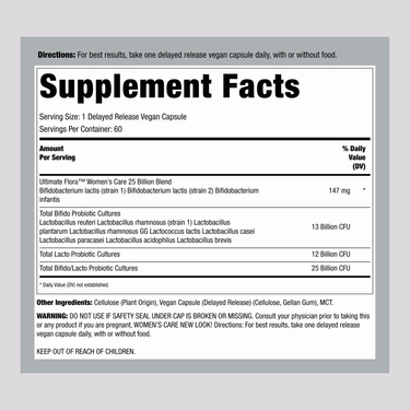 Supplement Facts panel for Ultimate Flora Women's 25 Billion, 60 vegetable capsules.