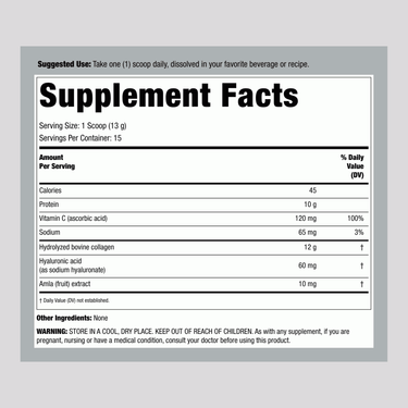 Supplement Facts panel for NCL Super Collagen Plus C & Hyal Powder 6.9 oz (195 g).