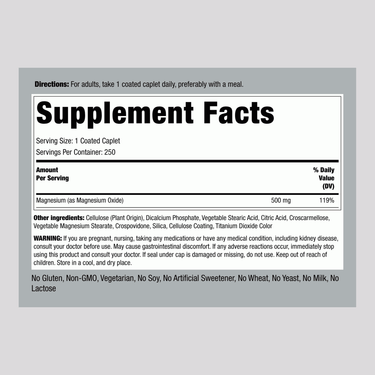 Supplement Facts label for Magnesium Oxide 500 mg, 250 caplets.