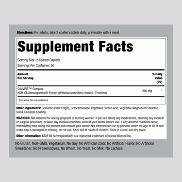 Supplement Facts panel for Ashwagandha KSM-66 with 100 coated caplets.