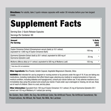 Ceylon Cinnamon Gymnema Mulberry Complex, 2000 mg (per serving), 180 Quick Release Capsules
