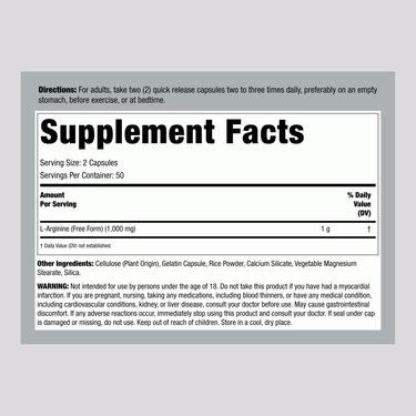 Supplement Facts for L-Arginine 500 mg, 100 Capsules.