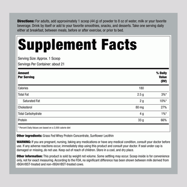 Supplement Facts panel for Carlyle Grass Fed Whey 5 lb Unflavored product detailing nutritional information.
