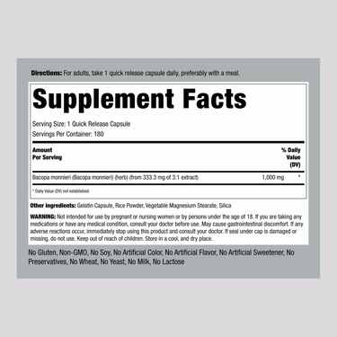 Supplement Facts for Bacopa 1000 mg Capsules, 180 count.