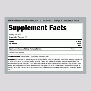 Supplement Facts panel for Lemon Balm Liquid Extract, targeting the nervous system support, detailing ingredients and nutritional info.