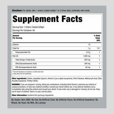 Supplement Facts for DHA 500 mg Enteric Coated Softgels, 90 count.