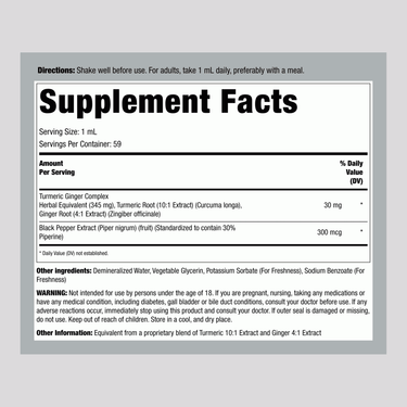 Supplement Facts for Liquid Turmeric Plus Ginger, 2 oz.