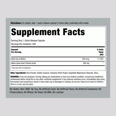 Supplement Facts panel for Alpha Lipoic Acid plus Biotin Optimizer 200 mg, 240 Capsules.