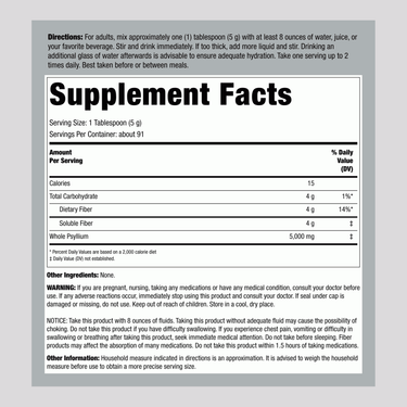 Image of the Supplement Facts panel for Whole Psyllium Husks 1lb, detailing nutritional information and ingredients.