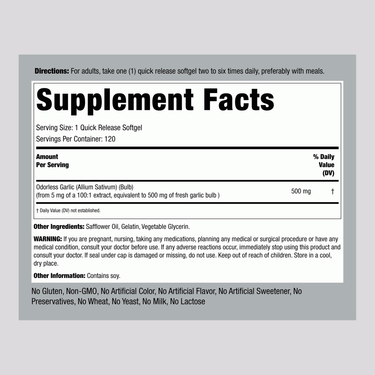Supplement Facts panel detailing LN Odorless Garlic 500 mg with 120 softgels.