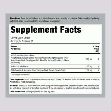 Supplement Facts for MacuGuard Ocular Support, 60 Softgels, showing ingredients and nutritional information.