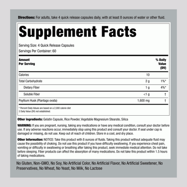 Supplement Facts panel showing Psyllium Husks 1600mg in a bottle of 240 capsules.