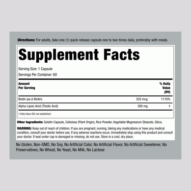 Image showing the Supplement Facts for Alpha Lipoic Acid 300 mg, 60 capsules.