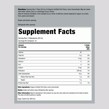 The Supplement Facts panel for Dynamic Tart Cherry Concentrate 16 oz.
