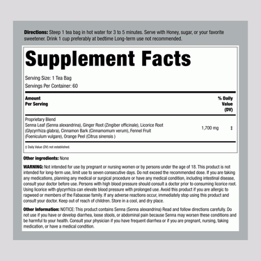 Supplement Facts for CL Herbal Laxative Tea, 60 Bags.