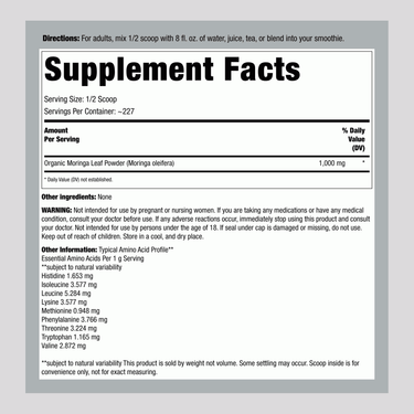 Supplement Facts panel for 8 oz Moringa Leaf Powder, detailing ingredient amounts and nutritional information for consumers.