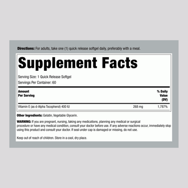 Label showing Supplement Facts for Vitamin E-400 IU with 60 softgels.