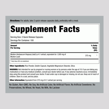 Supplement Facts panel for Mullein Leaf 1500 mg (Gordolobo) in a bottle of 200 capsules.