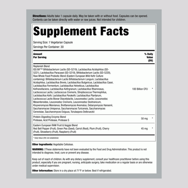 Supplement Facts panel for Garden of Life Raw Probiotics Ultimate Care 100 Billion CFU, 30 Count.