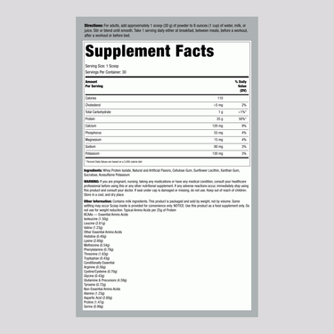 Supplement Facts panel for FL WheyFit Isolate in Vanilla flavor, 2 lbs.