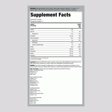 Shows the Supplement Facts panel for Gainer 500 Vanilla 5 lbs.