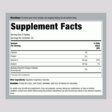 Supplement Facts panel for Super Collagen + C tablets contains ingredient and nutrition details for 120 tablets.