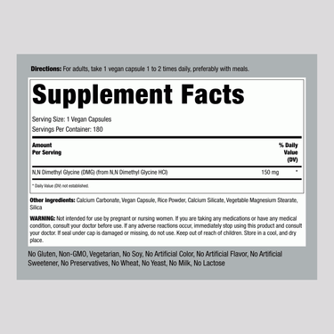Supplement Facts panel showing details for PIP DMG B-15, 150 mg, 180 capsules.