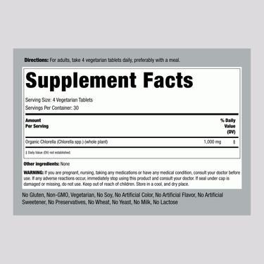 Supplement Facts panel for Organic Chlorella 1000mg Tablets 120-count.