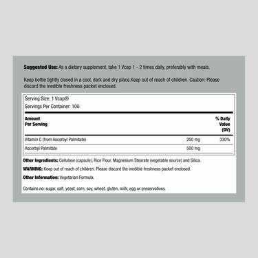 Supplement Facts for Now Foods Ascorbyl Palmitate 500 mg with details of ingredients and nutritional information, 100 VC.