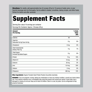 Supplement Facts panel for Organic Pumpkin Seed Protein Powder, 16 oz bottle.