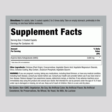 Supplement Facts panel for Max Strength AAKG 3600 mg, contains 120 coated caplets.