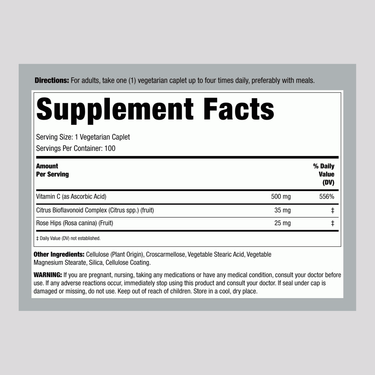 Supplement Facts for Vitamin C 500 mg with Rose Hips, 100 Tablets bottle.