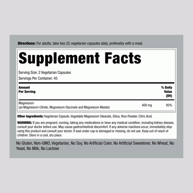 The Supplement Facts panel details for Triple Magnesium 400 mg, available in 90 capsules, showcasing nutritional information.