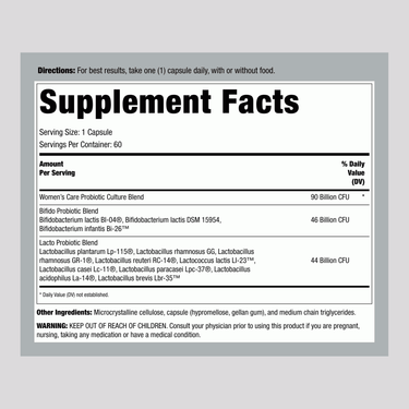 Flora Womens 90 Billion 60 Veg Capsules Supplement Facts panel displayed.