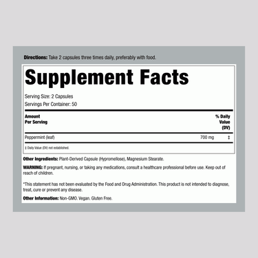 Supplement Facts panel for Nature's Way Peppermint Leaves 300 mg Capsules, 100 count.