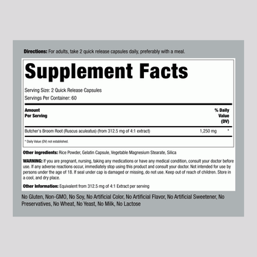 Supplement Facts panel for Butchers Broom 1250mg Capsules, 120 count.