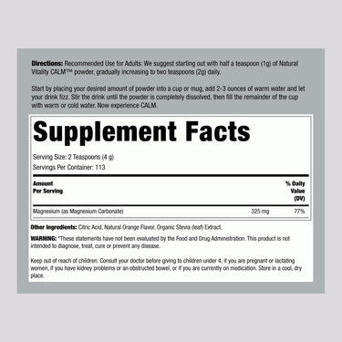 Label showing Supplement Facts for Calm Orange 16 oz (453 g).