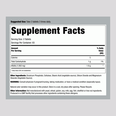 Supplement Facts panel showing details for Now Foods Alfalfa 650 mg Tablets 500.