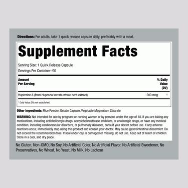 Supplement Facts panel detailing Huperzine 200 mcg per capsule, with a total count of 90 capsules.