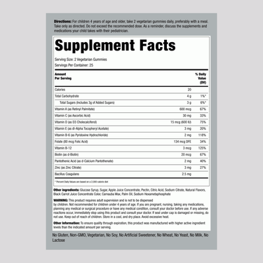 Supplement Facts for Kids Multivitamin + Probiotic, showing 50 gummies.