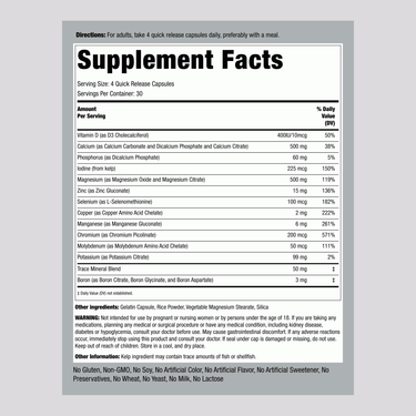 Supplement Facts panel for Mega Multi Mineral Capsules containing details about minerals and other nutrients in each serving.