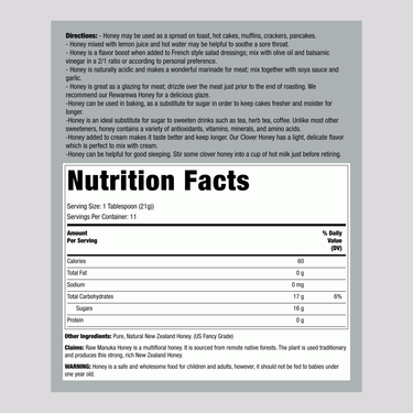 Pacific Res Manuka Honey 8 oz nutrition facts panel.