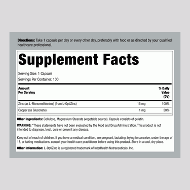 Supplement Facts panel for Jarrow Zinc Balance with L-OptiZinc, containing 100 Capsules.