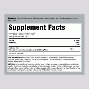 Supplement Facts panel for Garlic High Allicin-Odor Free 100 Tablets, detailing ingredients and nutritional information.