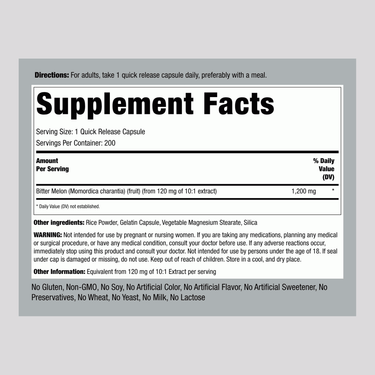 Supplement Facts panel for Bitter Melon, Momordica, 1200 mg, 200 Capsules.