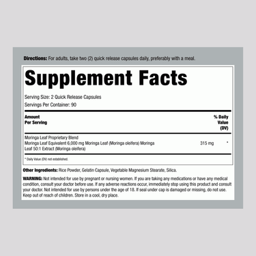 Supplement Facts for Moringa Oleifera 6000mg Capsules, 180 count, neatly displayed on a panel for detailed nutritional information.