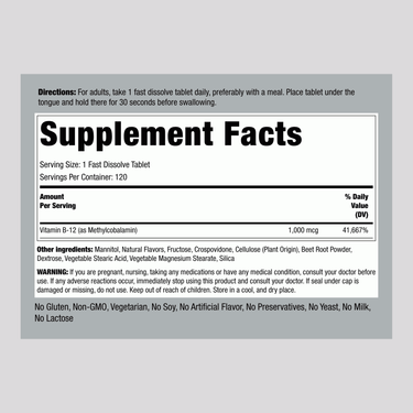 Supplement Facts for Methylcobalamin 1000 mcg Lozenges, 120 count.