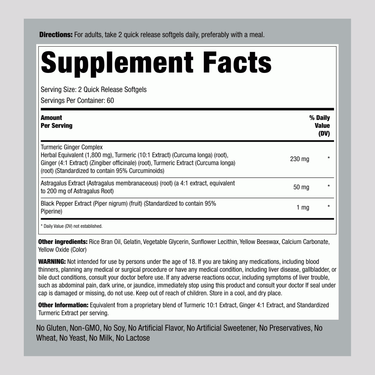 Supplement Facts panel detailing Turmeric Ginger Complex 1800mg dosage for 120 softgels.